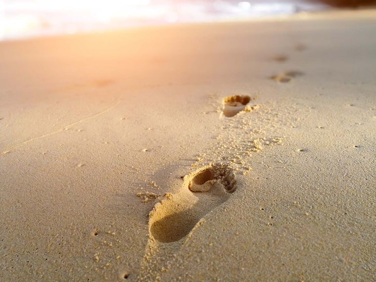 Footprints on the tropical sandy beach.